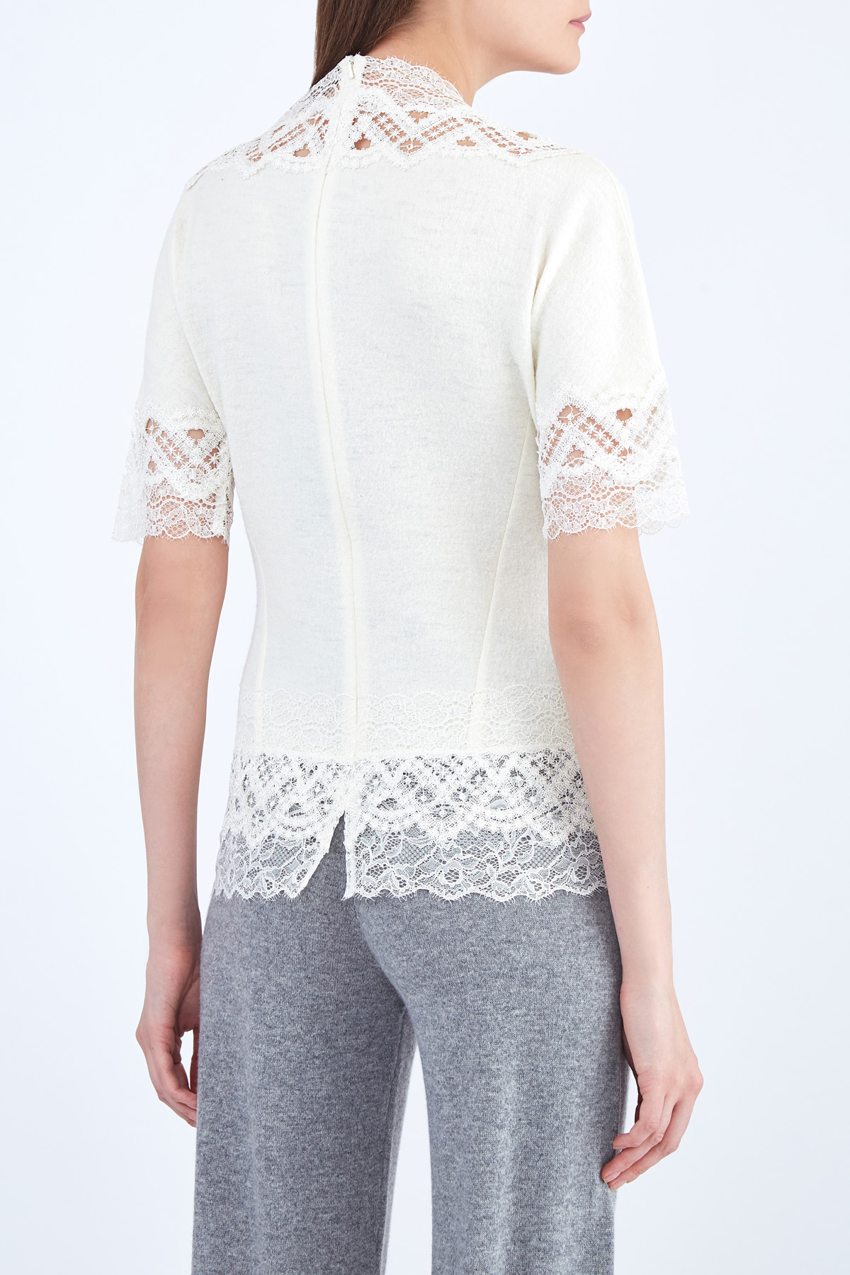 Блуза из шерстяной ткани с отделкой галунным кружевом ERMANNO SCERVINO, цвет белый, размер 44 - фото 4